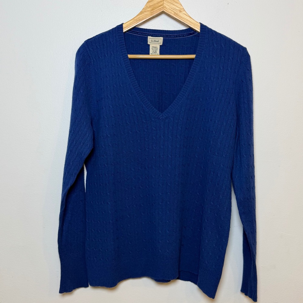 LL Bean Womens XL Royal Blue Cashmere Cotton Cable Knit V-Neck Sweater